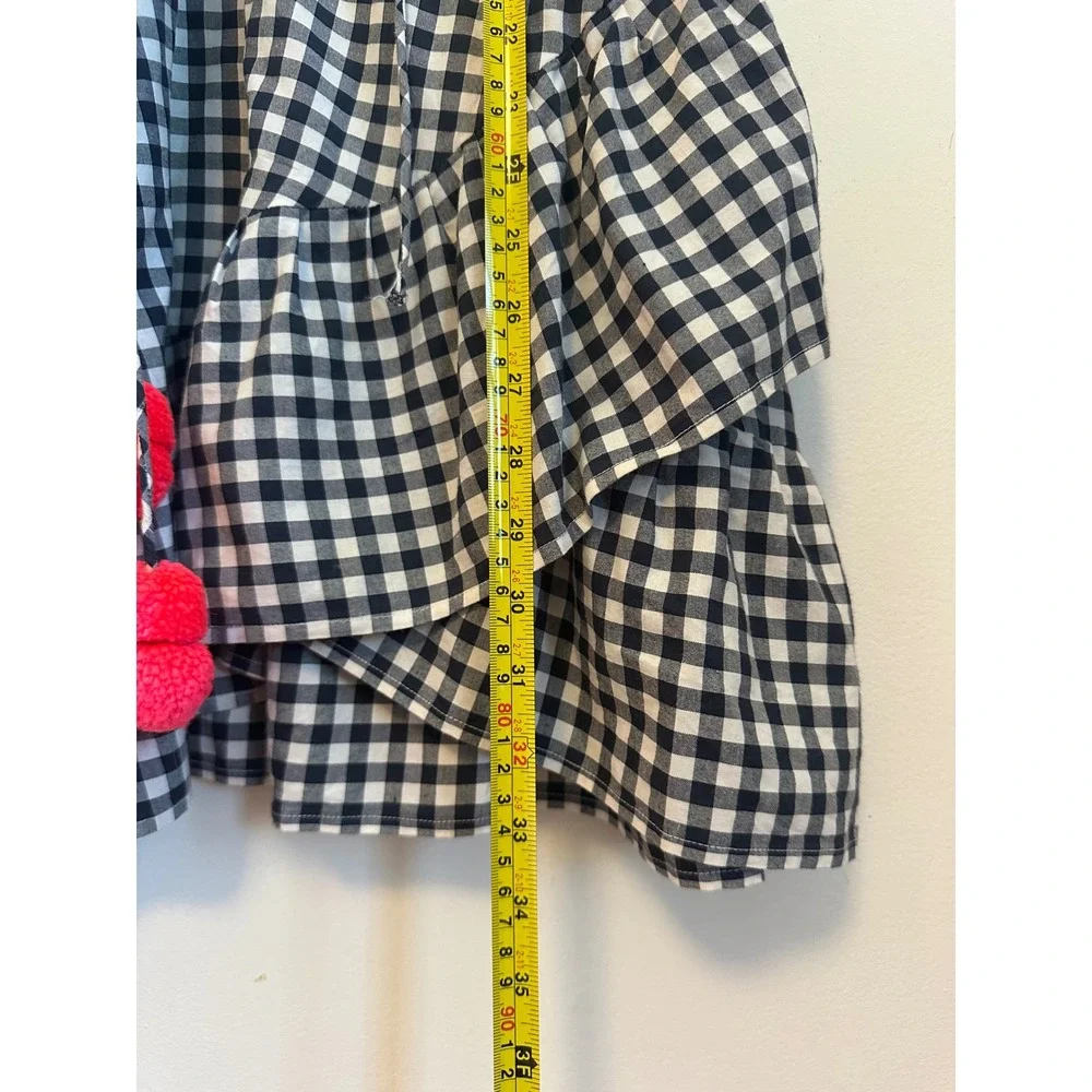 Sundress Gingham Mini Dress in Black and White and Pink Pom Poms | Size XS/S